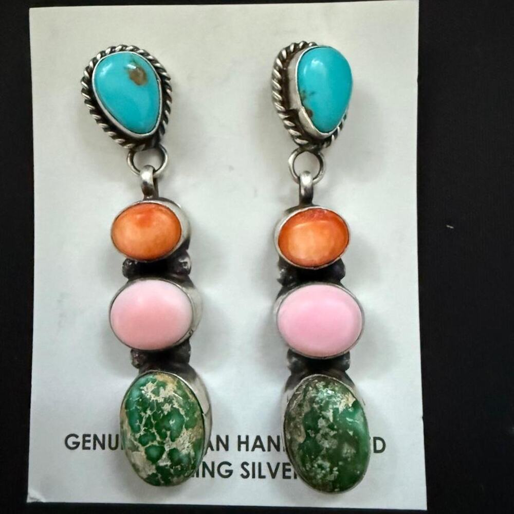 Native handmade sterling silver multi stone dangle earrings